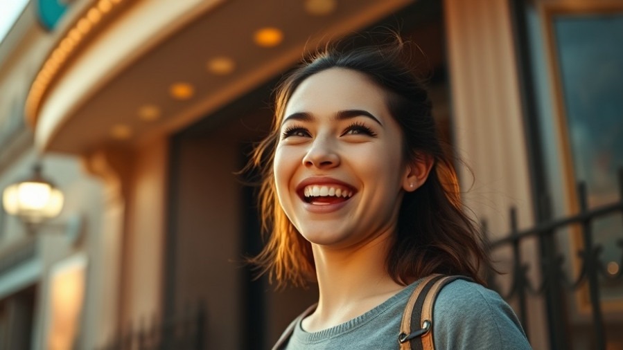 Energized woman at historic theater entrance, highlighting community arts center in Kansas City.