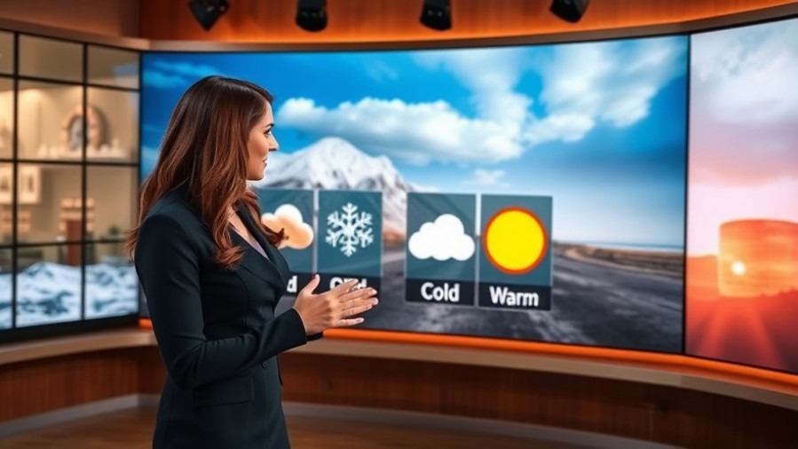 Female meteorologist presents Kansas City weather, showcasing urban lifestyle with vivid graphics.