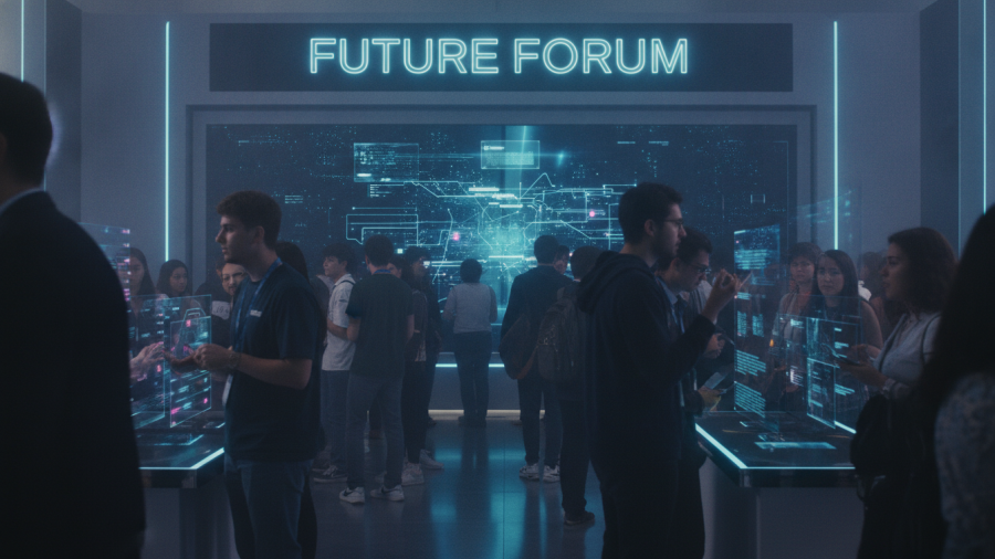 Diverse crowd observing advanced technology at an AI exhibition, showcasing Chinese AI advancements.