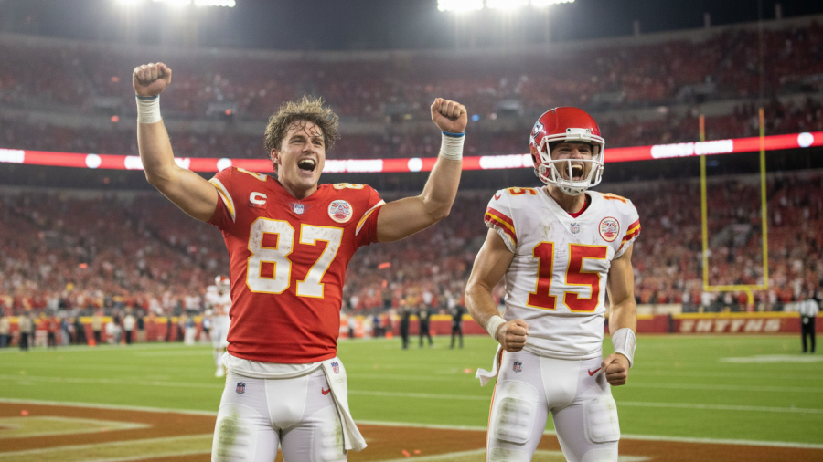 Two Kansas City Chiefs players celebrating on a vibrant football field under stadium lights.
