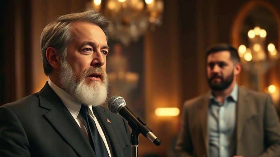 Mature bearded Jack Dorsey discusses US politics news at a dimly lit event.