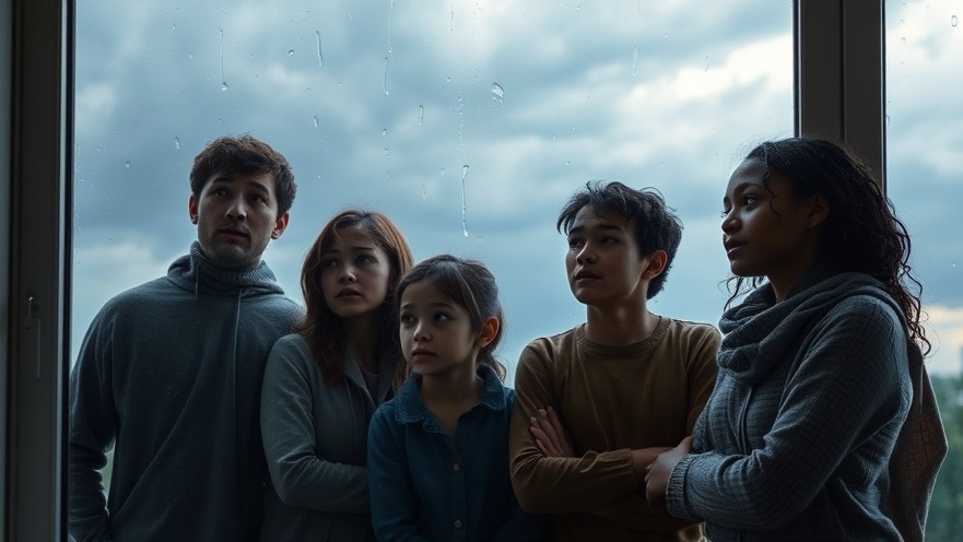 A diverse family watches storm clouds through a window, reflecting KC suburban life.