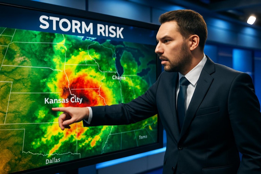 Weather forecaster in dark suit analyzing storm risk map for Kansas City local living.