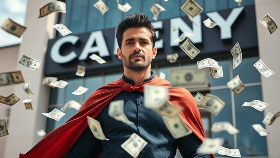 Elon Musk in cape surrounded by dollar bills, symbolizing executive compensation trends.