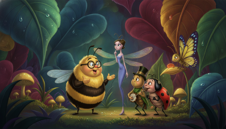 Colorful insect characters in a whimsical forest for Kansas City outdoor cinema.