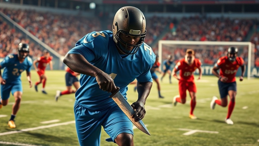 Photorealistic football scene highlighting youth radicalization, featuring players and a masked figure.