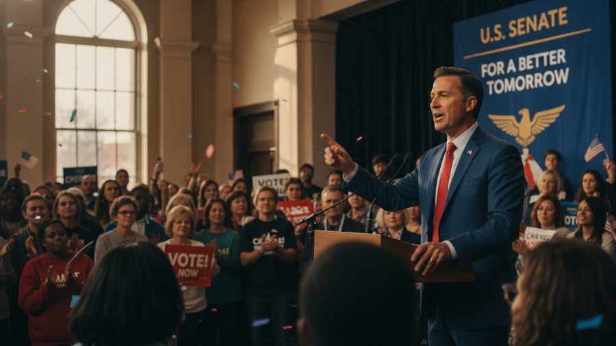 Passionate speaker on Kansas City politics, addressing crowd at Senate event.