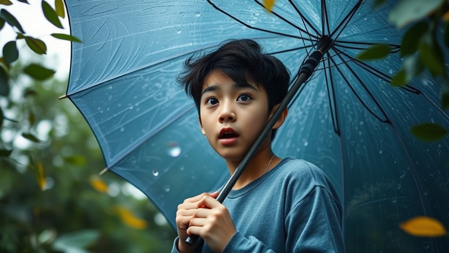 Surprised person with an inside-out umbrella in cool Kansas City urban weather.