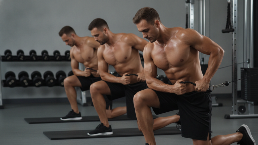 Athletic males performing core strength exercises in a minimalistic gym.