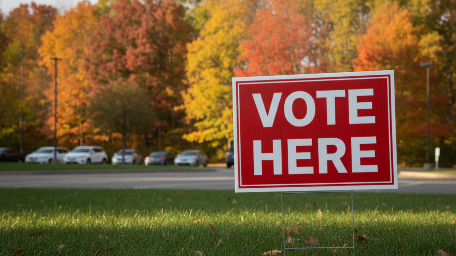 Vote Here sign in Missouri elections, showcasing vibrant fall colors and serene voting ambiance.