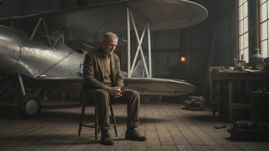 Thoughtful elderly man near vintage aircraft, reflecting on aviation regulations.