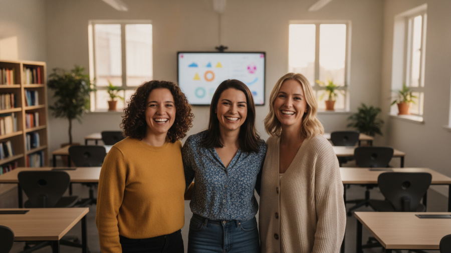 Happy women showcasing hosting skills in a modern classroom, emphasizing cultural sensitivity.
