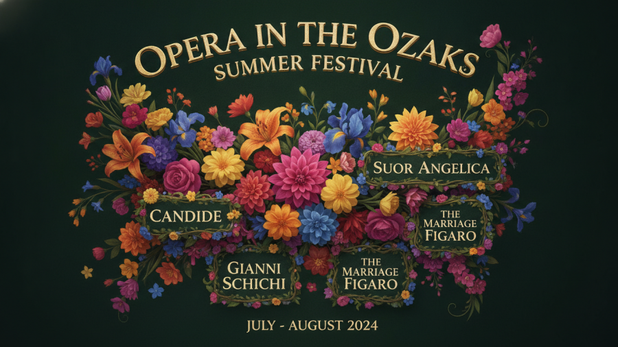 Vibrant poster for Opera in the Ozarks showcasing Kansas City local businesses and performances.