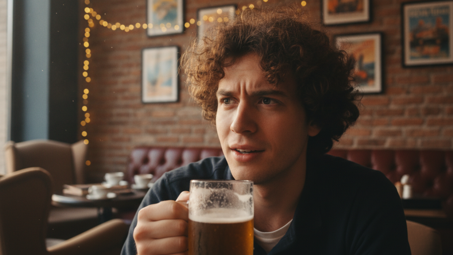 Curious young man with curly hair enjoying a beer in a cozy café setting.