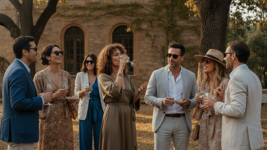 Diverse individuals at a luxury outdoor event, embodying corporate wellness and personal branding.