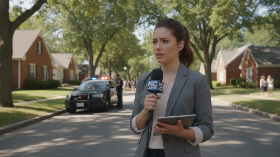 News reporter covering Kansas City neighborhoods with police car.