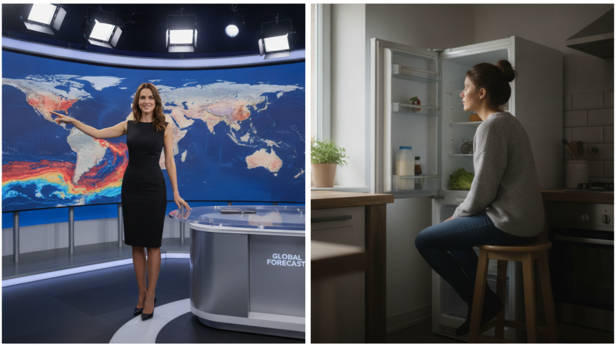 Elegant woman showcasing media workplace culture in news studio, highlighting mental health in journalism.