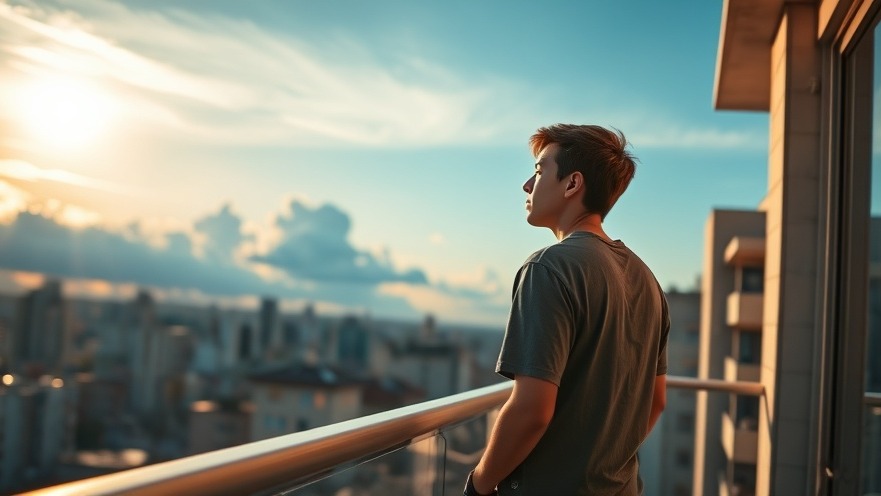 Young adult on balcony in Kansas City, enjoying golden hour weather.
