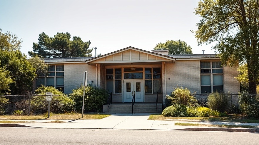 Vacant mid-century school building in a Kansas City neighborhood, surrounded by nature.