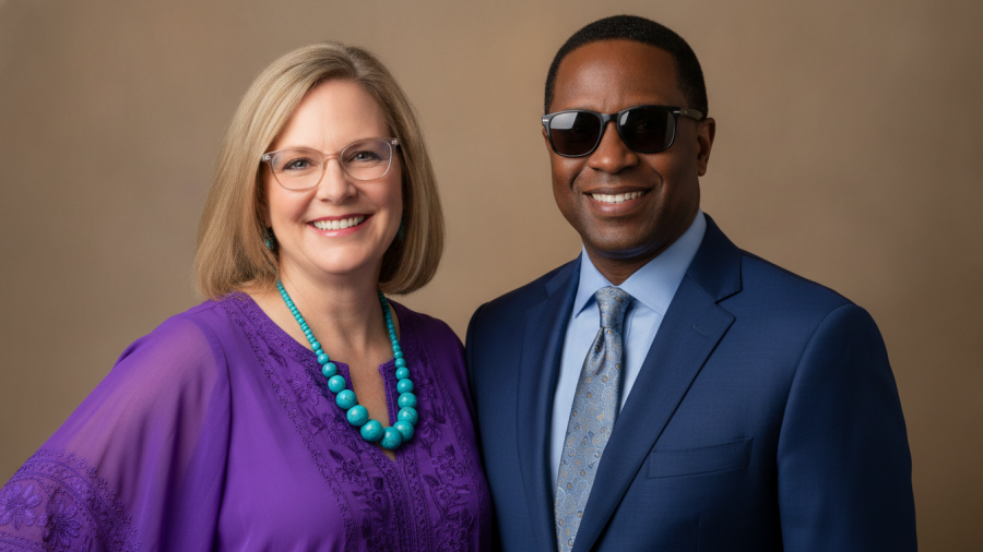 Smiling woman and man in studio portrait, discussing property taxes Kansas City.