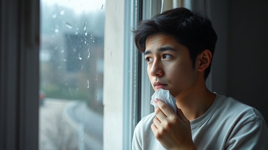 Concerned young adult reflecting on flu symptoms while observing a rainy window.