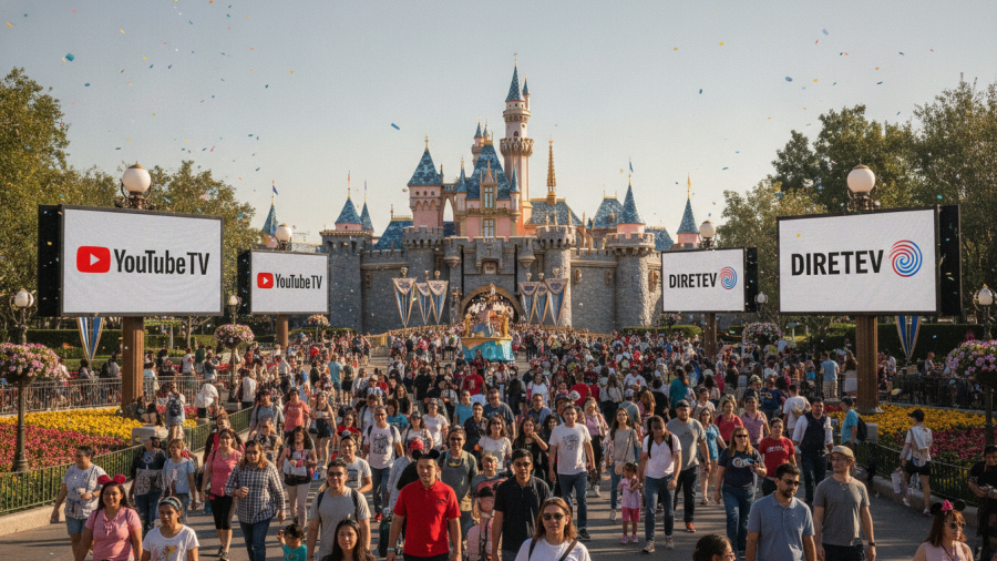 Crowd at Disneyland with YouTube TV and DirecTV logos, highlighting streaming service claims.