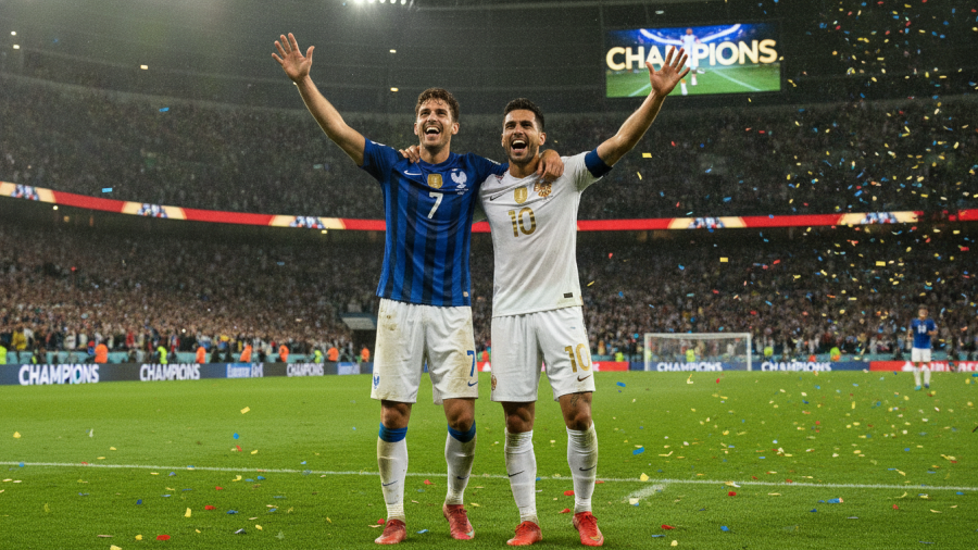 Two joyful soccer players celebrate victory on the field, highlighting Kansas City businesses supporting soccer.