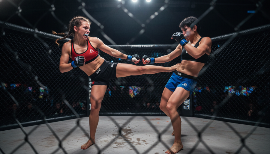 Dynamic female fighters in MMA cage, showcasing intensity and strength training benefits.