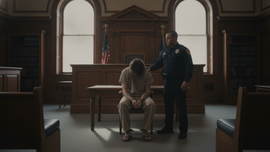 Courtroom scene depicting immigration reform and public safety, featuring a restrained individual in beige attire.