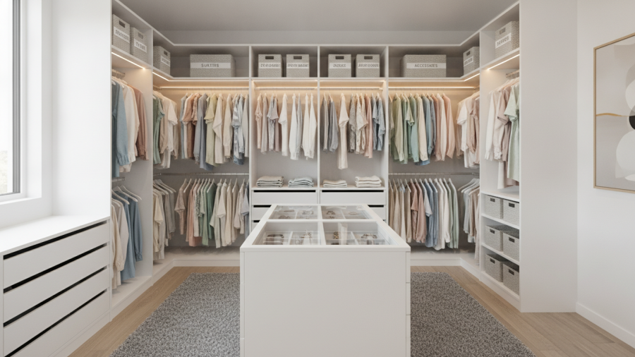 Stylish white closet showcasing custom home organization with organized clothing and storage.