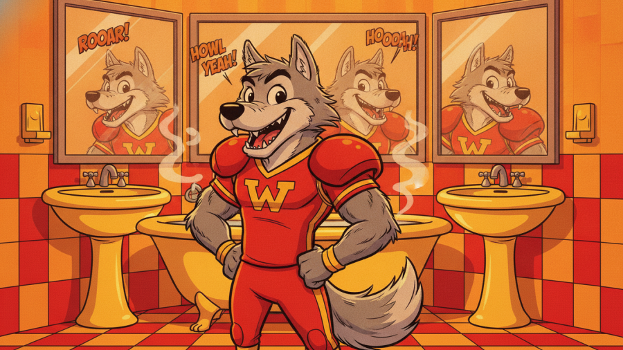 Cartoon wolf mascot in red and yellow, embodying the Kansas City Chiefs spirit.