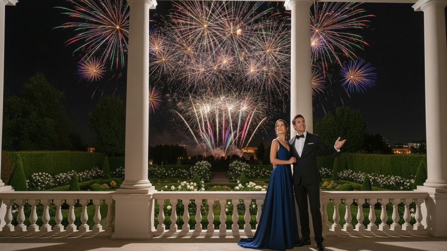 Elegant couple observing vibrant fireworks at Independence Day events, showcasing American patriotism.