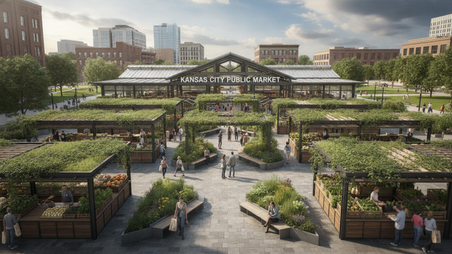 Modern Kansas City farmers market renovations with bright, inviting stalls for local shopping.