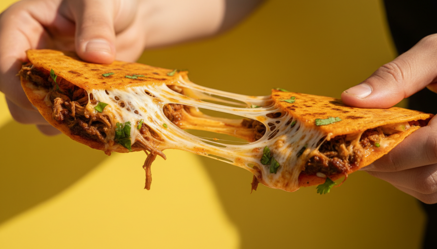 Cheesy quesabirria showcasing Kansas City food culture on a bright yellow background.