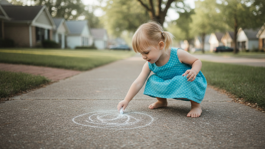 Child writing message on sidewalk in Kansas City neighborhood