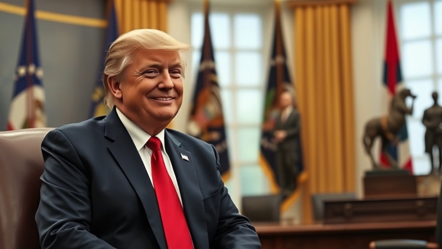 Donald Trump smiling in a suit with a colleague, flags in the background, Trump news today.