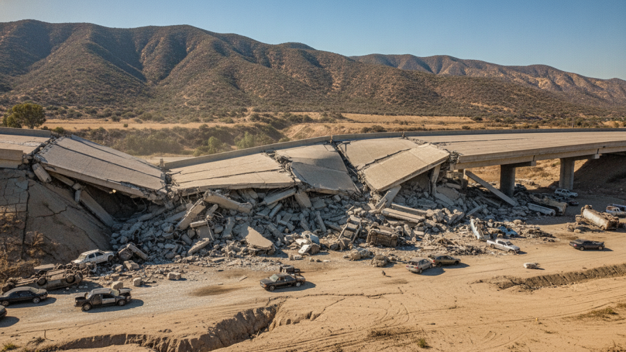 Collapsed highway overpass in LA highlighting earthquake safety measures amid debris.