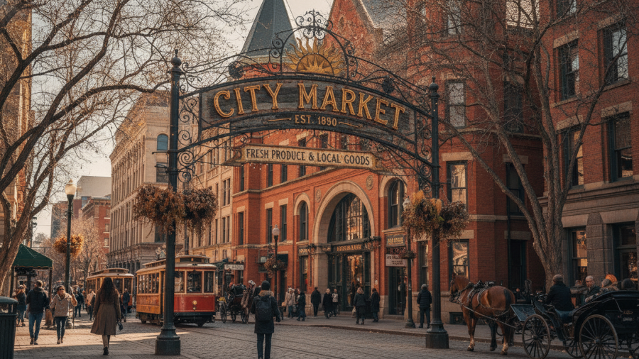 Vintage city market entrance sign in Kansas City, inviting local shoppers.