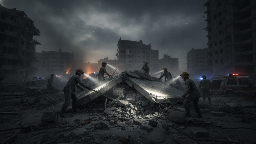 Rescue workers clearing rubble after the earthquake impact in Peru's Andes, night scene.