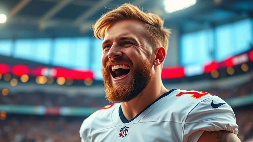 Travis Kelce smiles in white jersey, vibrant stadium backdrop, KC Chiefs excitement.
