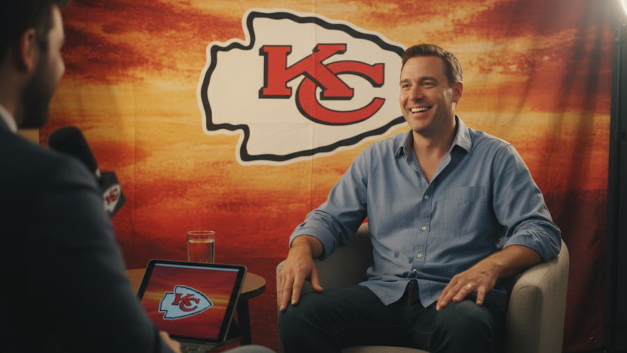 Smiling man in a Kansas City Chiefs backdrop, showcasing KC Chiefs news and rumors.