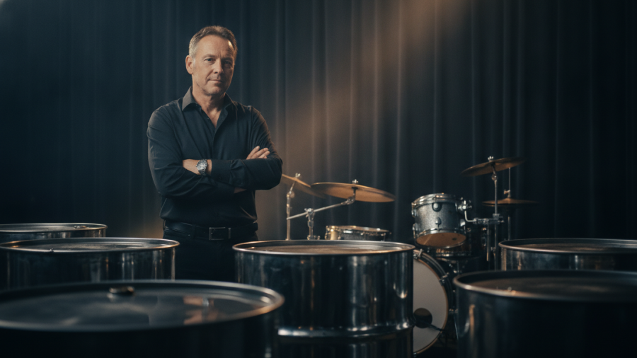 Confident man in a studio with steel drums, showcasing Kansas City small business features.