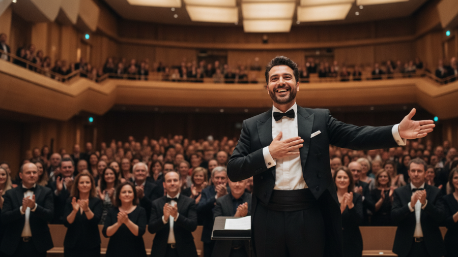 Kansas City business owners celebrating local success stories, conductor engaging with a clapping audience.