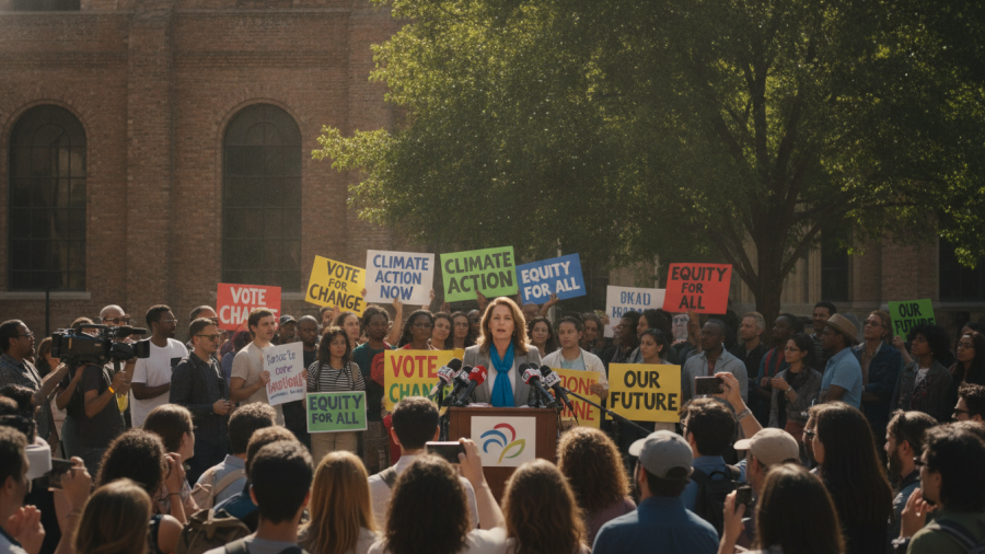 Dynamic outdoor protest on campaign finance and voter influence, activists with signs.