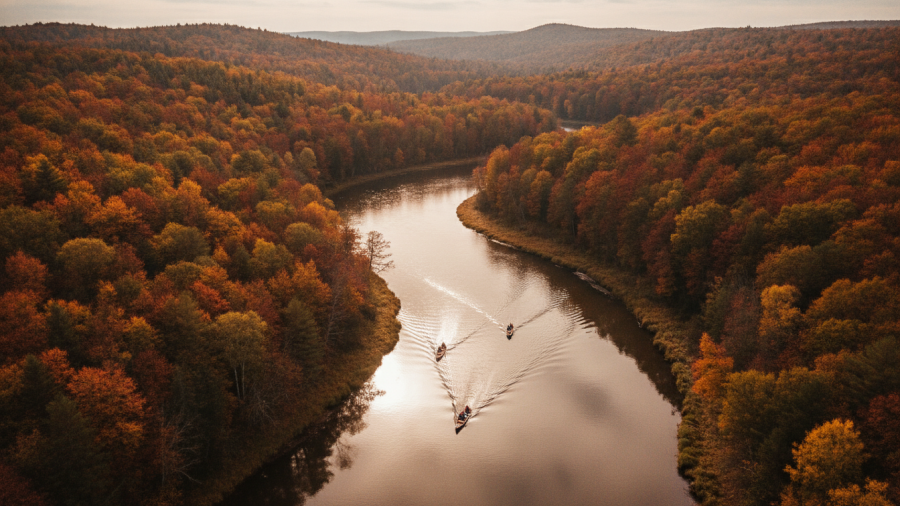 Aerial view of a serene river landscape highlighting nutrient pollution effects on water quality.