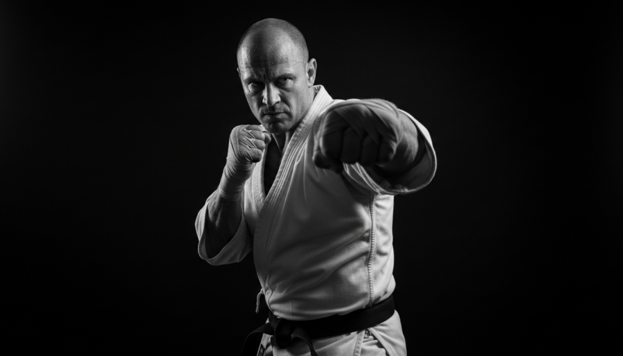 Dynamic martial artist in a powerful punch pose, embodying martial arts legacy and fitness inspiration.