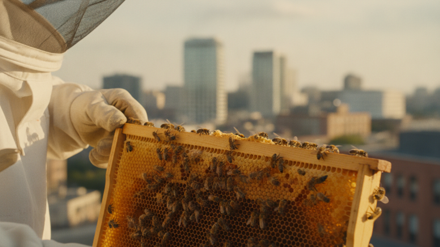 Beekeeper practicing sustainable practices in a city rooftop with bees.