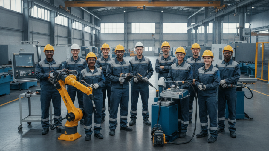 Confident skilled laborers in a modern factory showcasing corporate philanthropy and skilled trades training.