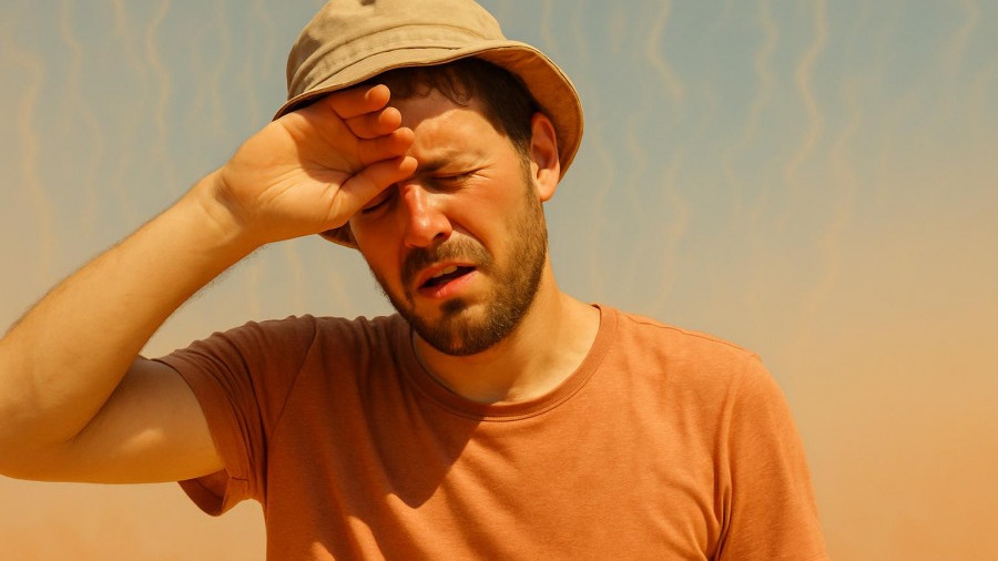 Person experiencing high body temperature symptoms, wiping sweat under harsh midday sun.