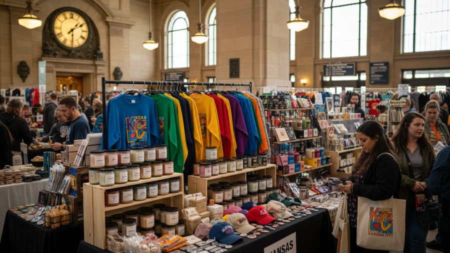 Colorful clothing and products at Kansas City Love event in vibrant Union Station market.